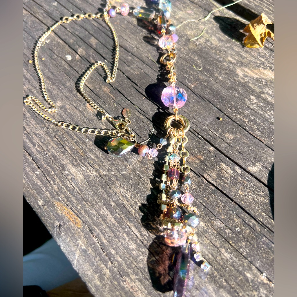 Gorgeous Ali Khan Faceted Pink Purple Ab Crystal Briolette Lariat Necklace